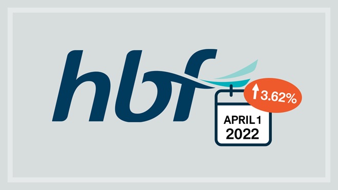 HBF health fund logo on a grey background with a calendar saying 3.62% increase on 1 April 2022